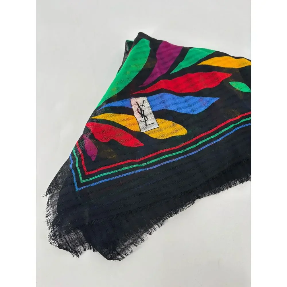 YSL Vintage Scarf Shawl Womens Black Multicolor Floral Fringe Sheer Wool Logo